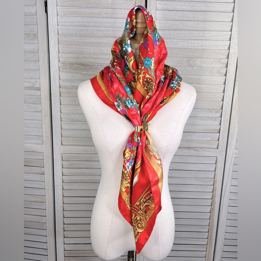 BERKSHIRE Vintage Silky Scarf Square with Napier Gold Tone Scarf Slide-OS